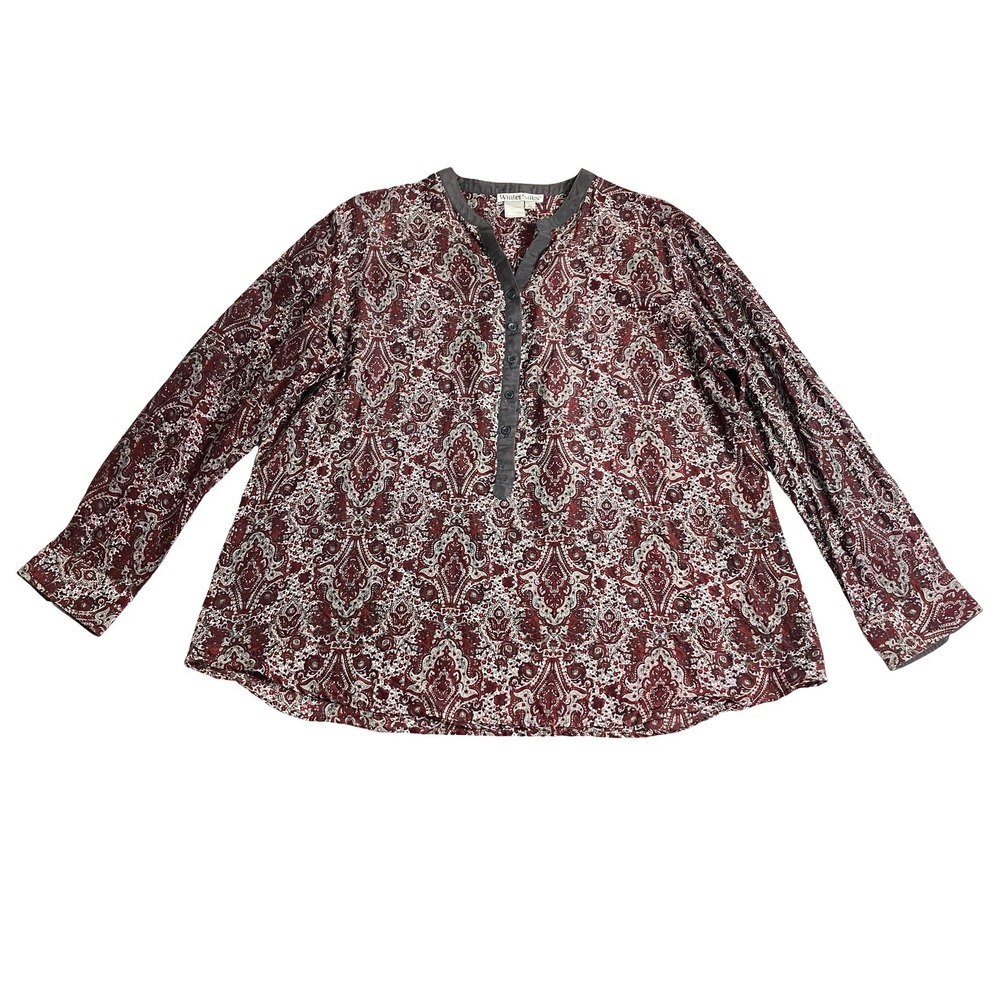 WinterSilks Paisley Henley Popover Top Women XL Burgundy Cotton Silk Long Sleeve